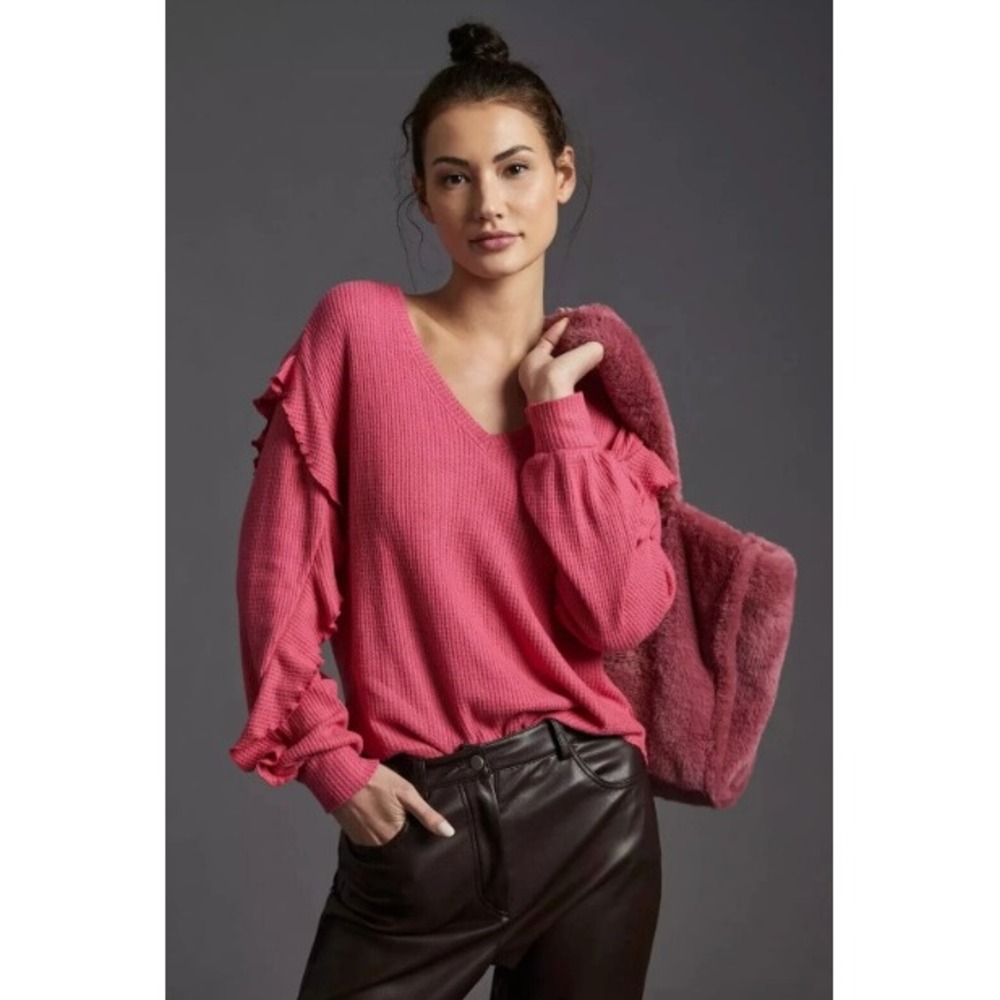 Anthropologie Pilcro Pink Waffle Knit Ruffle Sleeve Thermal V-Neck Top Small